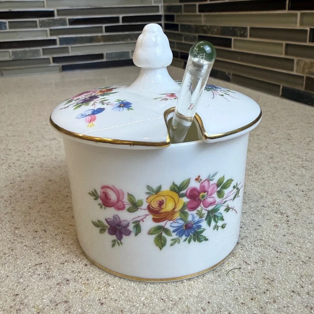 Vintage Minton Marlow Bone China Jam Pot w/ Lid & Glass Spoon Floral England